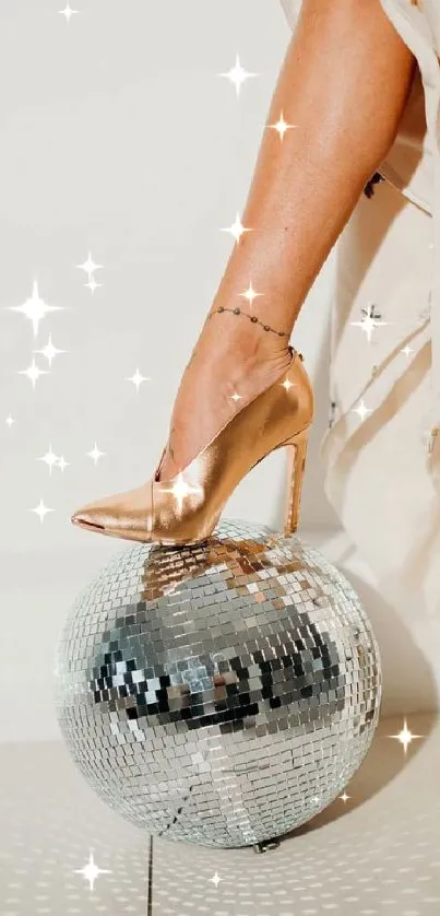 Golden high heel on a disco ball, elegant wallpaper.