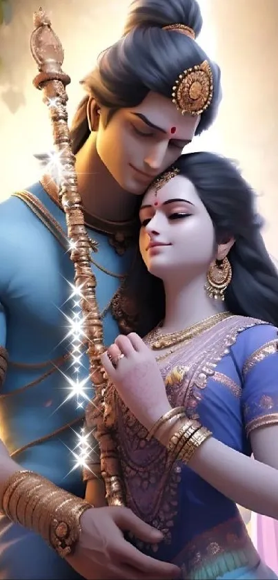 Elegant divine couple embracing in a spiritual art scene.