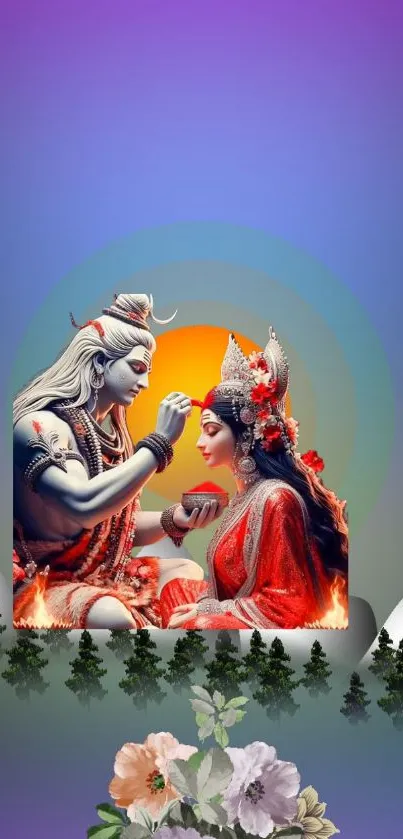 Divine couple in serene artistic wallpaper