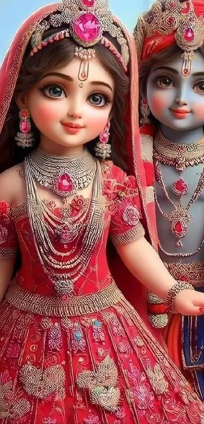 Beautifully adorned divine figures in elegant, vibrant attire.