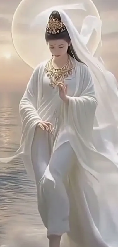 Divine feminine figure in flowing white robe over ocean.