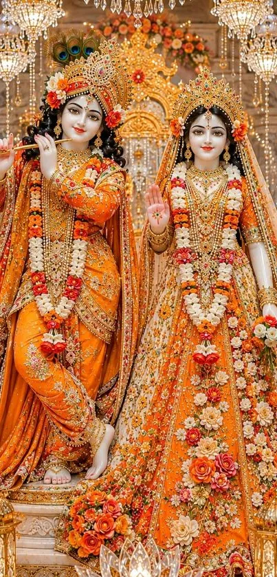 Vibrant divine statues adorned with intricate floral designs.