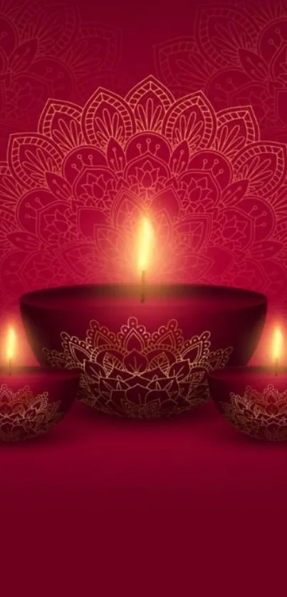 Elegant Diwali candles with intricate mandala design on crimson red background.