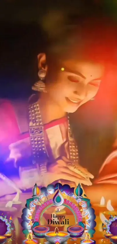 Woman celebrating Diwali with vibrant lights