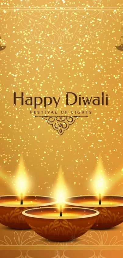 Diwali wallpaper with glowing lamps and gold patterns.