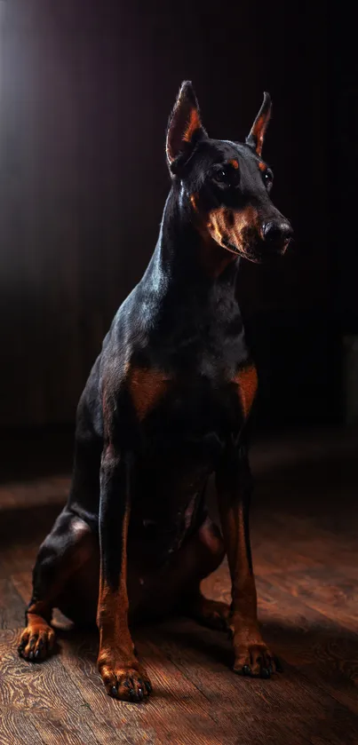 A noble Doberman sitting on a rustic wooden floor.