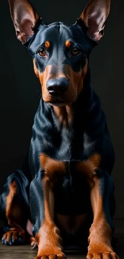 A majestic Doberman sits gracefully, showcasing its sleek, alert posture.