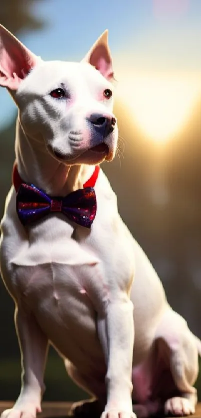 Elegant white dog with red bow tie in evening light.