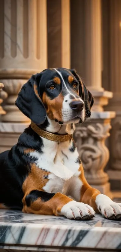 Elegant dog resting in a luxurious marble hall.