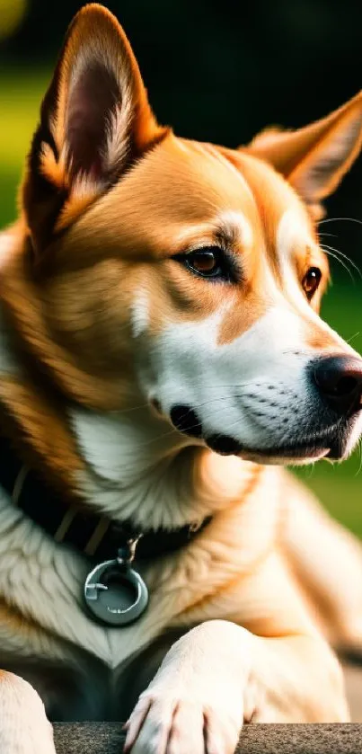 Majestic dog lounging in lush green nature setting, exuding elegance and tranquility.