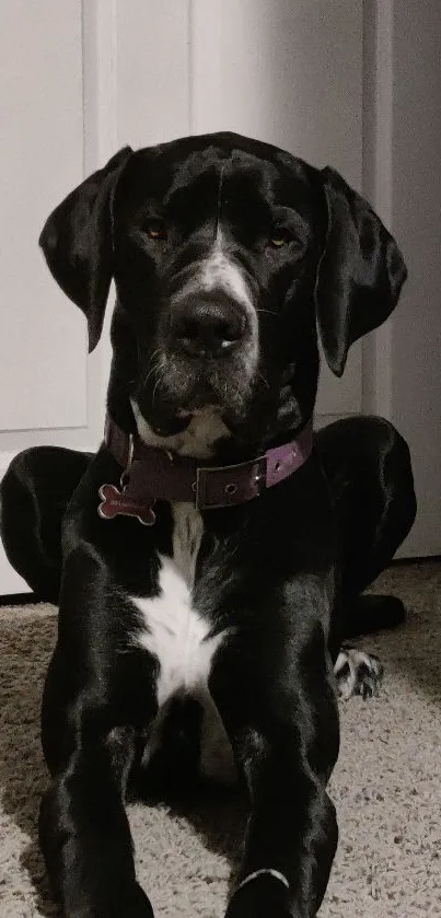 Elegant black dog sitting on carpet in softly lit room.