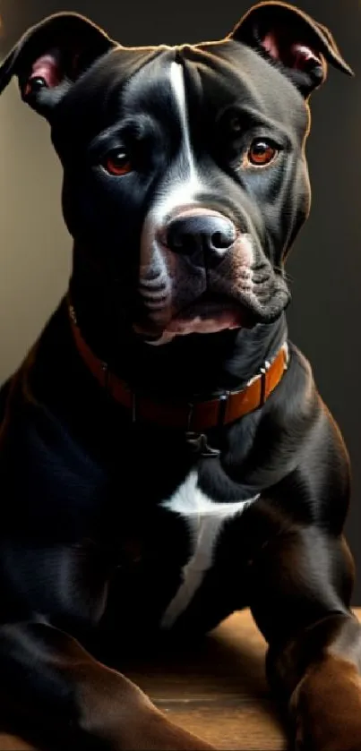 Elegant portrait of a black dog lying on a wooden surface under soft lighting.