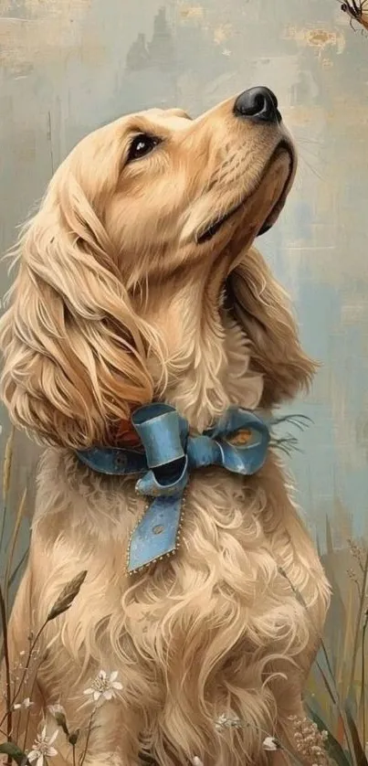 Vintage-style dog with blue ribbon gazing at butterfly.