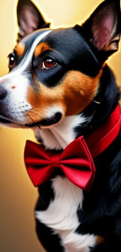 Elegant dog with a red bowtie against a golden yellow background.