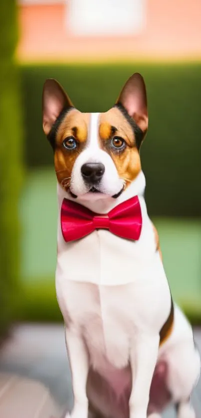 Dog with red bowtie against green background.