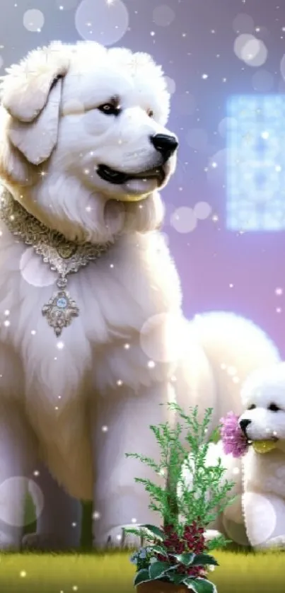 Elegant white dogs with jewels in a fairy-tale garden setting.