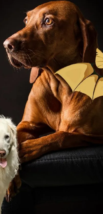 Brown dog with bat mask beside white dog on dark background.