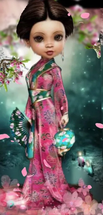 Elegant doll in pink kimono with cherry blossoms.