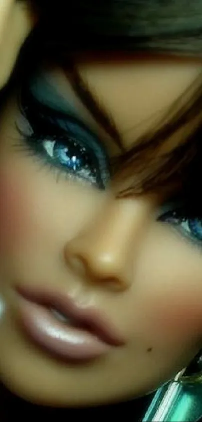 Close-up of a doll with blue eyes and detailed makeup, showcasing elegance.