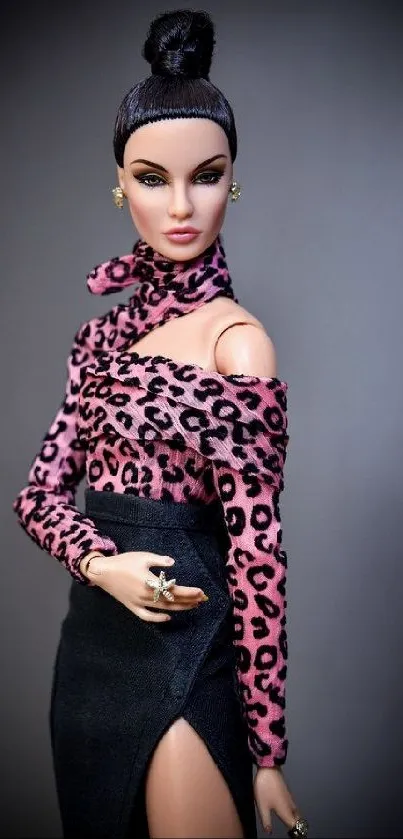 Stylish doll in leopard print outfit portrait.