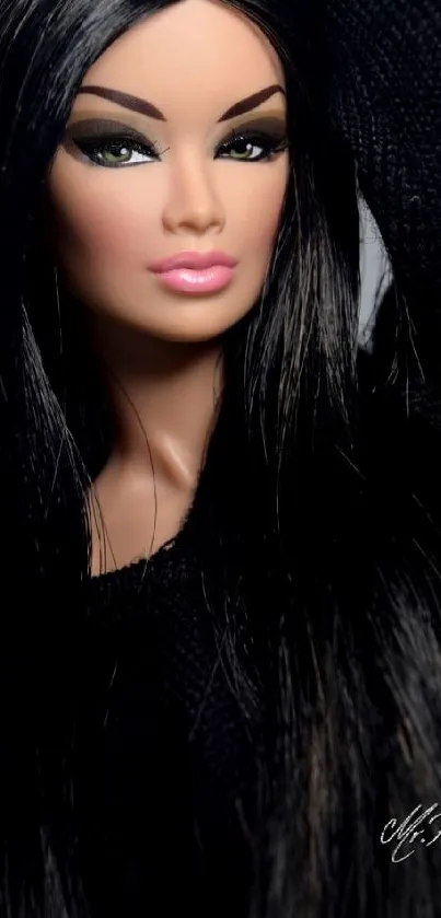 Stylish doll figure with elegant black hair, perfect for chic mobile wallpaper.