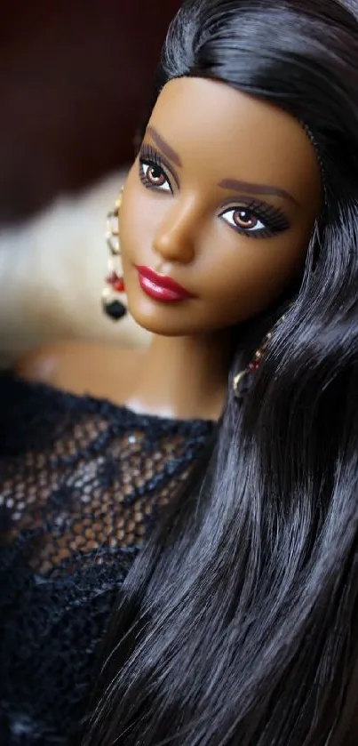 Elegant doll portrait with dark hair and stylish attire.