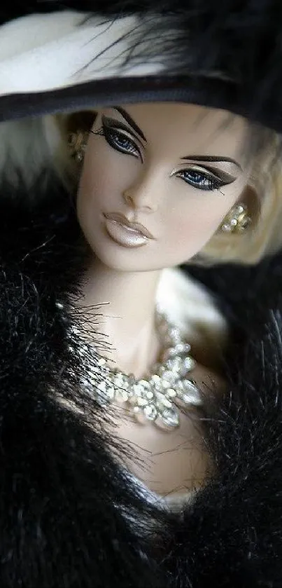 Elegant doll with fur and stylish hat, showcasing luxury fashion.