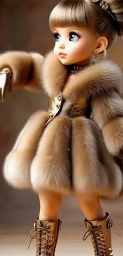 Luxurious doll in a fur coat posing gracefully.