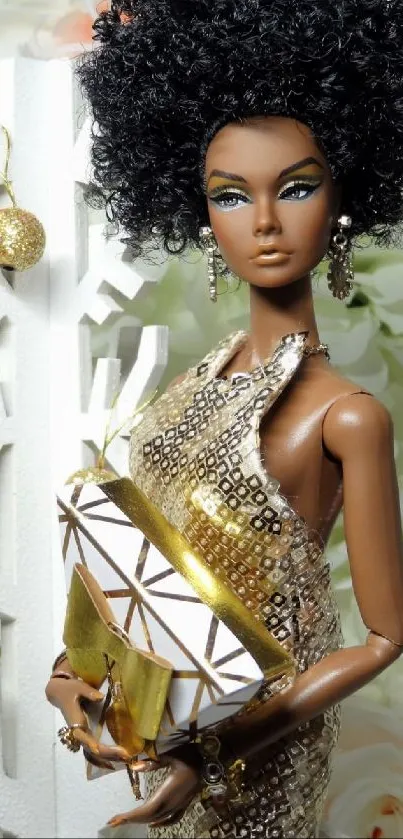 Fashion doll in golden dress holding a gift.