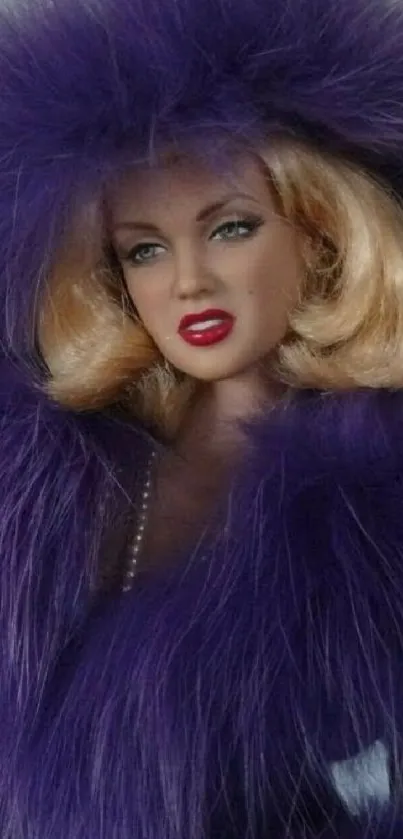 A glamorous doll in luxurious purple fur with blonde hair.