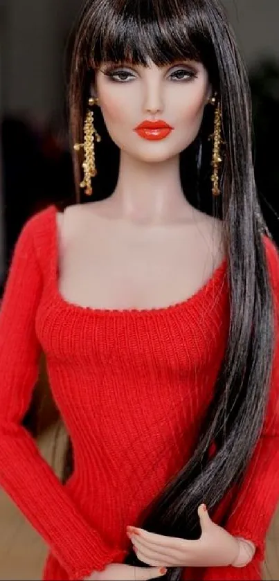 Elegant doll wearing a vibrant red dress with long flowing hair.