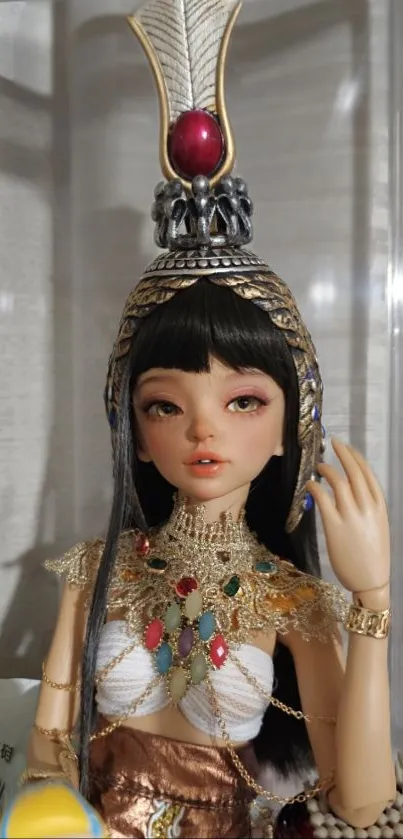 Lifelike doll in elegant regal attire with intricate jewelry.