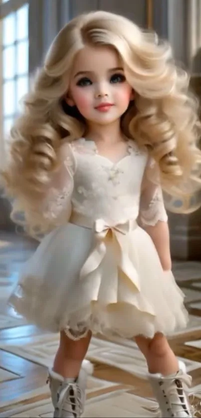 Beautiful doll in an elegant white dress with curly hair.