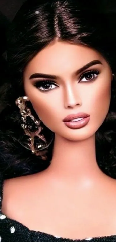 Elegant fashion doll portrait with glamorous details and dark-themed attire.