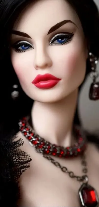 Lifelike elegant doll with dark hair and sophisticated accessories.