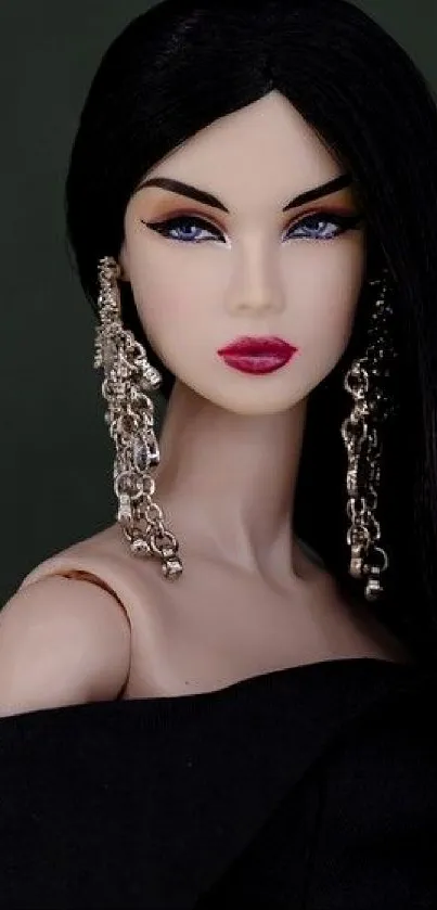 Elegant doll with dark hair and earrings portrait wallpaper.