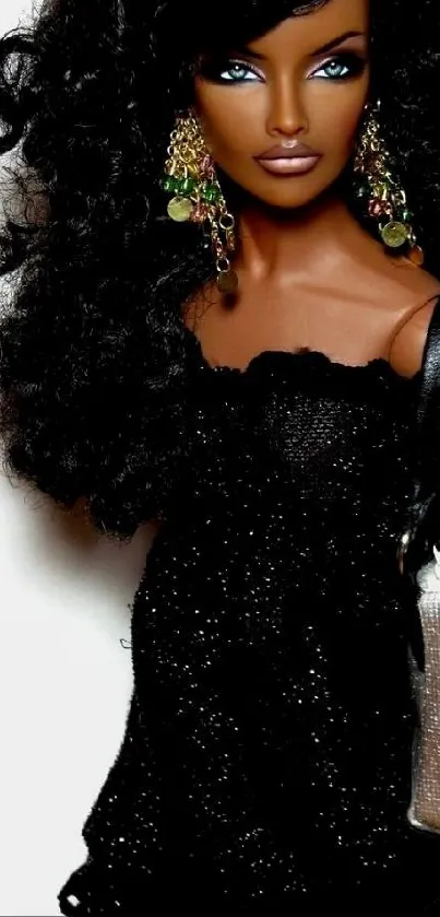 Fashion doll in a black dress with gold accessories.