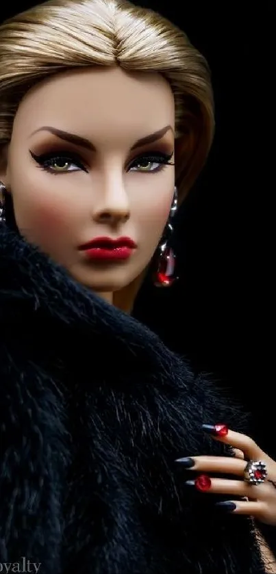 Elegant doll with black fur and striking red lips, perfect for wallpaper.