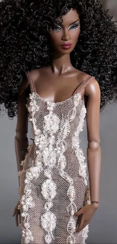 Elegant doll with voluminous curly hair and stylish dress in a modern setting.