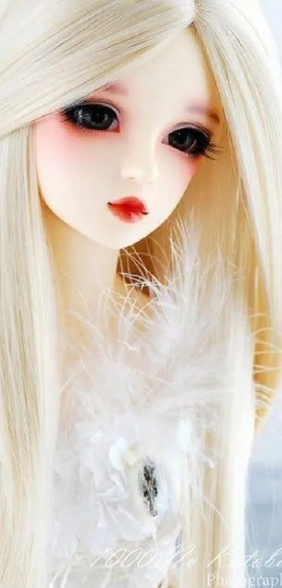 Elegant blonde doll with a feather accent on a light background.