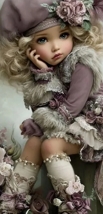 Elegant doll with floral accents and fur outfit.