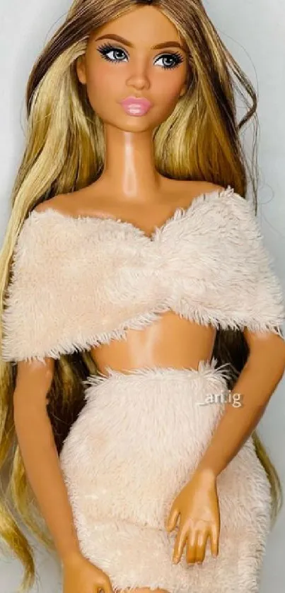 Elegant doll wearing beige fur outfit with stylish hair.