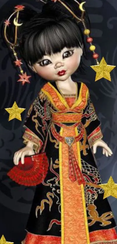 Elegant doll in traditional attire with golden stars on dark background.