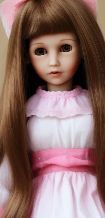 Elegant doll with long hair and a pink dress, set on a mobile wallpaper.