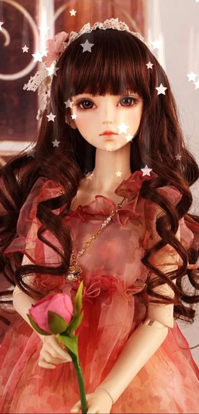 Elegant doll in pink dress holding a rose.