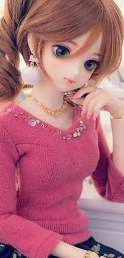 Doll wearing a pink sweater on mobile wallpaper.