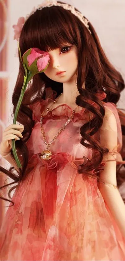 Elegant porcelain doll in pink dress with rose.