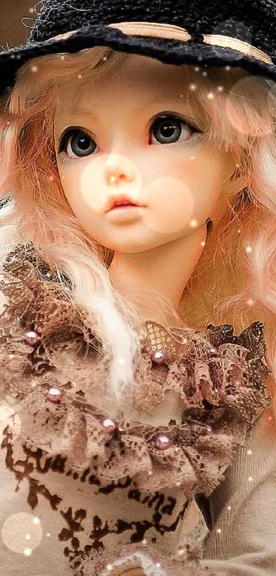 Elegant doll with vintage hat in soft peach tones.