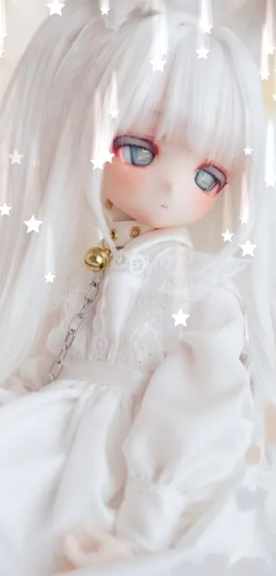 Elegant doll in white dress with a starry background.