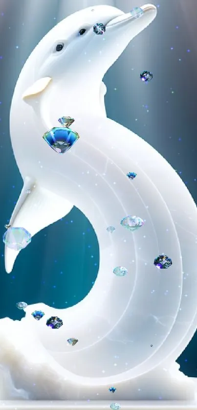 Sculpted dolphin with sparkling gemstones on a blue background.